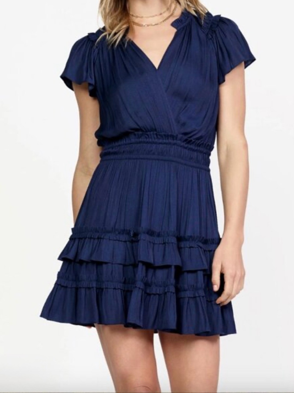 Current Air NWT Navy Blue Silky Surplice Mini Dress V-neck Flutter Sleeve  Small